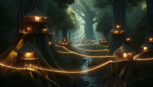 A serene village nestled within a grove of massive, ancient trees. Delicate bridges of light connect treehouses, and the air is filled with the gentle hum of magic.