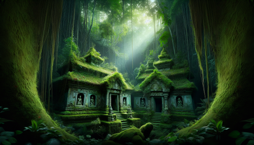 An ancient anime-style temple hidden in the jungle, with moss-covered statues and vines crawling up weathered stone walls. Rays of light pierce through the dense canopy above.