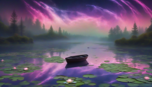 A tranquil lake reflecting a sky filled with swirling auroras. A solitary boat floats in the center, surrounded by glowing water lilies, while the distant shore is shrouded in mist.