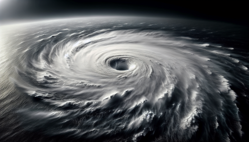 A devastating hurricane engulfs a vast ocean, with its eye eerily calm at the center, while violent winds and waves rage all around, demonstrating nature’s perfect symmetry and raw power.