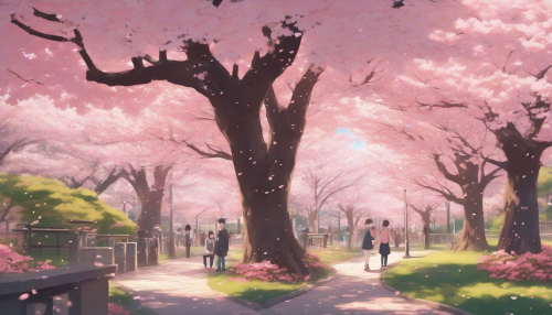 An anime-style park during cherry blossom season, with pink petals gently falling and a couple sharing a quiet moment under a blooming sakura tree.