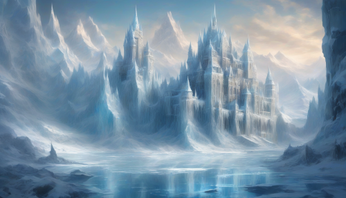 An icy realm of jagged glaciers and frozen rivers, with a towering palace made entirely of ice and snow. Magical snowflakes sparkle in the air, and an aura of mystery surrounds the frost-covered land.