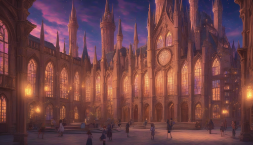 An anime-style magical academy with towering spires, floating candles, and glowing runes carved into the walls. Students practice spells in the courtyard under a vibrant twilight sky.