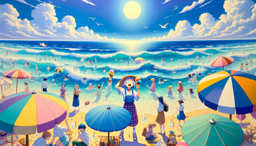 An anime-style summer beach scene with crystal-clear waves, colorful umbrellas, and playful characters enjoying ice cream under the bright sun.