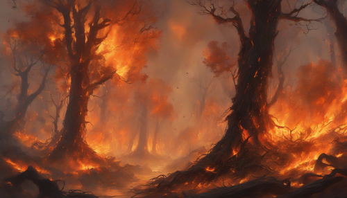 A dense forest is consumed by raging flames, with orange fire leaping across the treetops and thick smoke rising into the sky. The earth trembles, and the crackling of flames merges with the sound of falling trees, showcasing nature’s destructive might.