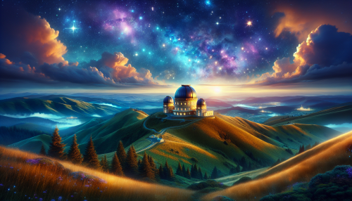 In this enchanting scene, rolling hills cradle a magnificent celestial observatory, its golden domes gleaming under a tapestry of twinkling stars. Ethereal clouds drift lazily overhead, mirroring the vibrant hues of twilight. As starlight dances upon the serene landscape, the air hums with the whispers of ancient constellations, inviting exploration into the mysteries of the universe.