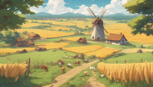 An anime-style peaceful countryside with golden wheat fields, a windmill turning in the breeze, and a small farm with grazing animals.