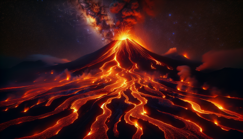 A majestic volcano erupts under the night sky, spewing fiery lava and columns of smoke high into the atmosphere. Rivers of molten rock snake down the slopes, illuminating the surrounding valleys in a fiery glow.