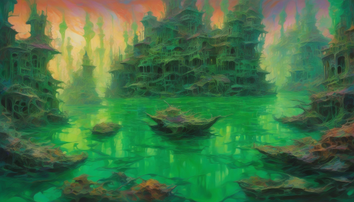 In "Turbulent Tides of Emerald Lagoon," a world of distorted forms and vibrant colors converges, as the Expressionist style infuses the serene beauty of an Emerald Lagoon. The melting buildings, exaggerated shadows, and eerie lighting transform the tranquil waterway into a surreal realm, where the Beautiful and the bizarre entwine.