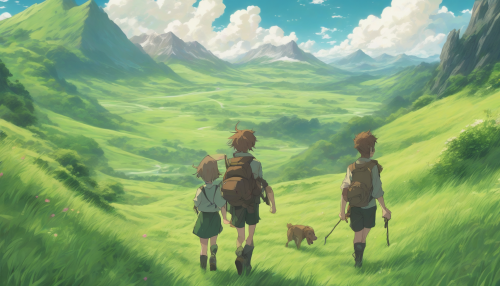 An anime-style fantasy scene featuring a young adventurer and their companion trekking across a rolling green meadow toward a distant, mysterious mountain.