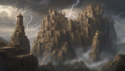 A massive castle perched on the edge of a cliff, surrounded by colossal statues of ancient giants. Thunder rumbles in the distance as lightning briefly illuminates the towering walls.