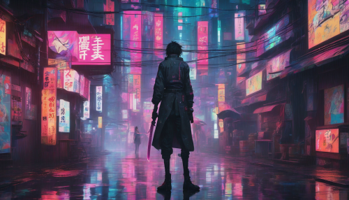 An anime-style cyberpunk alley lit by neon signs, with rain-soaked streets reflecting holographic advertisements and a shadowy figure holding a katana.