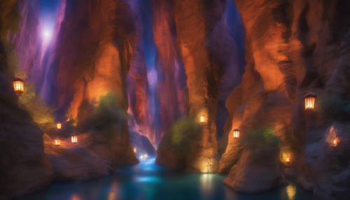 Vibrant lanterns illuminate the majestic Mystic Canyon, as joyful music and laughter fill the air, creating an enchanting atmosphere of wonder and magic amidst the canyon's ancient, towering formations.