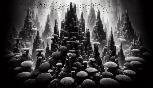 In this captivating black and white composition, the intricate structures of an underwater coral city come to life. Silhouetted against a backdrop of soft, diffused light, the corals resemble ancient skyscrapers, teeming with life. Shadows dance among the coral formations, creating a dynamic interplay of texture and depth, while schools of fish weave through the urban landscape, enhancing the sense of motion in this serene aquatic realm.