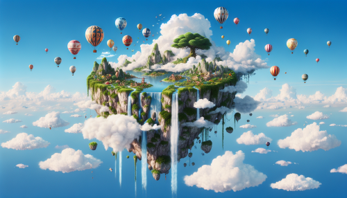 An anime-style floating island, surrounded by fluffy clouds and colorful hot air balloons. Waterfalls cascade from its edges into the endless sky below.