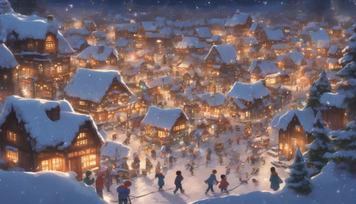 An anime-style snow-covered village, with glowing windows and children building snowmen under twinkling string lights hung across the streets.