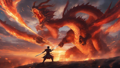 An anime-style epic battle scene with a fiery sunset backdrop. A warrior wields a glowing sword against a massive dragon breathing streams of fire.