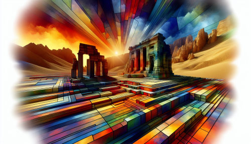 Amidst a kaleidoscope of geometric forms, the remnants of ancient desert ruins rise like fragmented dreams under a blazing sun. Intersecting planes and bold colors evoke a sense of movement, suggesting the passage of time. Shadows dance across the crumbling stone, while the vibrant hues of the landscape reflect the heat, merging history and abstraction in a captivating visual symphony.