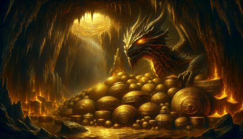 A vast, glowing cavern filled with golden treasures and ancient artifacts. A massive dragon coils protectively around its hoard, with glowing eyes piercing the darkness. Magical runes shimmer faintly on the cave walls.