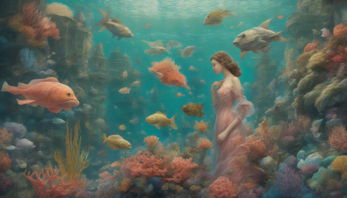 In this dreamlike realm, the wizardry of 19th-century Realistic Portraits merges with the vibrant colors and textures of an underwater city, inspired by coral reefs. Majestic sea creatures and human-like buildings coexist in harmony, as delicate seaweed and kelp sway gently in the currents.