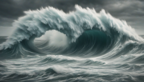 A devastating hurricane engulfs a vast ocean, with its eye eerily calm at the center, while violent winds and waves rage all around, demonstrating nature’s perfect symmetry and raw power.