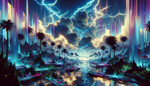 Dive into a surreal realm where neon-lit skies pulse with electric storms, casting vibrant reflections on tranquil waters. Towering palm trees sway gently under the rhythmic hum of synthesized melodies, while glitch art cascades across the landscape. Ethereal clouds float overhead, illuminated by the dance of lightning, creating a mesmerizing fusion of nostalgia and futurism in a dreamlike landscape.