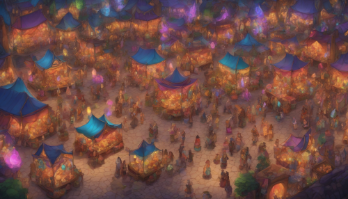 A bustling marketplace filled with vendors selling glowing potions, enchanted artifacts, and mystical pets. Colorful tents and floating lanterns create a kaleidoscope of colors, while magical creatures roam freely among the crowd.