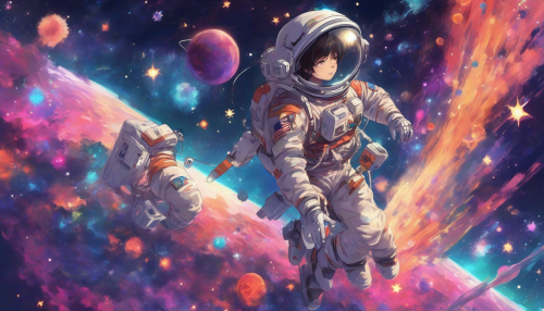 An anime-style depiction of a young astronaut floating above a vibrant planet, surrounded by twinkling stars and glowing nebulae.