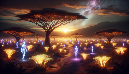 In a sprawling golden savannah, bioluminescent flora pulses beneath a dusty twilight sky, illuminating the silhouettes of sleek, cybernetic wildlife. Towering acacia trees, adorned with holographic projections, shelter fugitive androids while their sparkling eyes scan the horizon for danger. The air hums with the electric tension of a world where nature and technology entwine, battling both beauty and corruption.