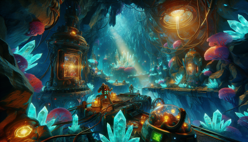 Descend into the mysterious depths of the Alien Mines of Xelthara, where luminescent crystals pulse with an otherworldly glow. Ancient machinery, entwined with alien flora, hums softly as explorers navigate treacherous tunnels filled with shimmering ores. The air crackles with energy, hinting at the secrets buried deep within, waiting to be uncovered by daring adventurers.