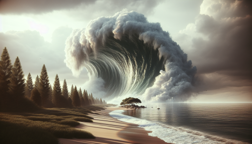 A tranquil coastline is suddenly consumed by a towering tsunami wave. The massive wall of water surges toward the land, carrying the unstoppable force of nature.