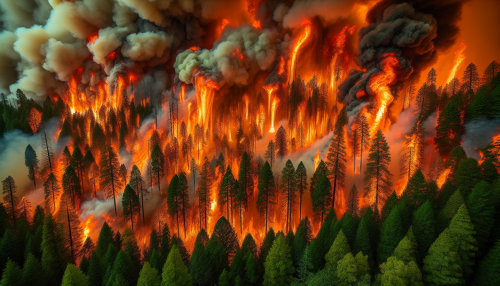 A dense forest is consumed by raging flames, with orange fire leaping across the treetops and thick smoke rising into the sky. The earth trembles, and the crackling of flames merges with the sound of falling trees, showcasing nature’s destructive might.