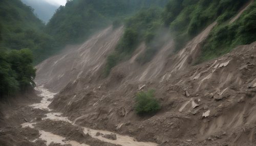 A steep mountainside collapses after days of heavy rain, sending a torrent of mud and rocks rushing downward. The roaring landslide engulfs forests and villages at the base of the mountain, shaking the ground with its force.