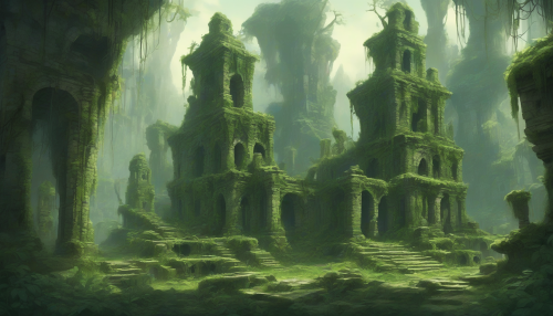 A forgotten city hidden in the jungle, its stone buildings overgrown with moss and vines. Crystals embedded in the ruins emit a soft glow, while ghostly figures seem to move in the distance.