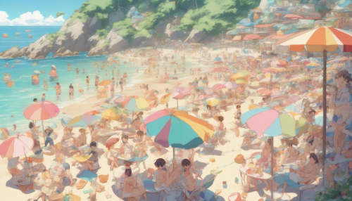 An anime-style summer beach scene with crystal-clear waves, colorful umbrellas, and playful characters enjoying ice cream under the bright sun.