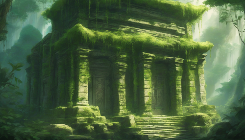 An ancient anime-style temple hidden in the jungle, with moss-covered statues and vines crawling up weathered stone walls. Rays of light pierce through the dense canopy above.