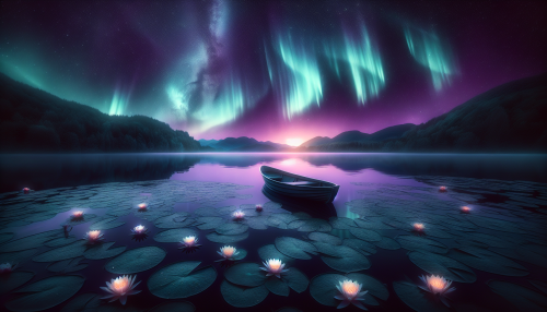 A tranquil lake reflecting a sky filled with swirling auroras. A solitary boat floats in the center, surrounded by glowing water lilies, while the distant shore is shrouded in mist.