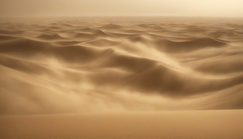 Golden sands of the desert are swept up into a fierce sandstorm. Rolling walls of dust obscure the sky, and the wind hurls grains of sand through the air, turning the world into a hazy, sepia-toned vortex.