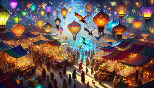 A bustling marketplace filled with vendors selling glowing potions, enchanted artifacts, and mystical pets. Colorful tents and floating lanterns create a kaleidoscope of colors, while magical creatures roam freely among the crowd.