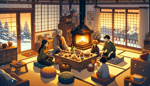 An anime-style cozy living room, filled with warm light from a crackling fireplace. A family gathers around a kotatsu table, enjoying snacks and laughter.