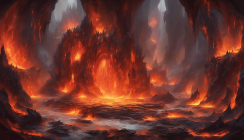 A fiery cavern with rivers of molten lava flowing through jagged rocks. A throne of obsidian stands in the center, surrounded by dancing flames and glowing ember spirits.