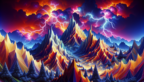 Dive into a mesmerizing landscape where jagged, low poly mountains rise against a vibrant sky, crackling with electric storms. Brightly colored, stylized lightning dances through the clouds, illuminating the sharply defined terrain below. Fractal trees and angular rock formations sway gently, as if in harmony with the chaotic beauty of nature's electric heartbeat.