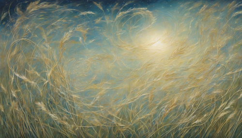 Softly shimmering grasses sway to the rhythm of the astral winds, as delicate, swirling symbols weave an intricate ballet across the skies, blending the physical and mystical in an ever-changing tapestry of light and sound.