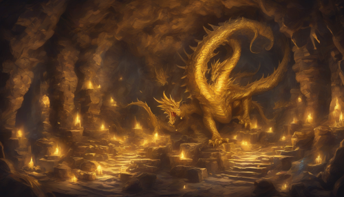 A vast, glowing cavern filled with golden treasures and ancient artifacts. A massive dragon coils protectively around its hoard, with glowing eyes piercing the darkness. Magical runes shimmer faintly on the cave walls.