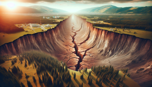 A vast plain suddenly fractures, creating a giant fissure that plunges deep into the earth. The land on either side begins to shift apart, and nearby trees and buildings tremble, revealing the incredible force of tectonic movement.