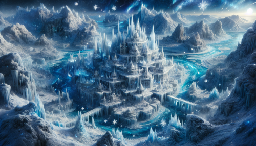 An icy realm of jagged glaciers and frozen rivers, with a towering palace made entirely of ice and snow. Magical snowflakes sparkle in the air, and an aura of mystery surrounds the frost-covered land.