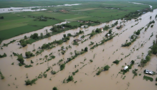 A river overflows after relentless rain, breaking through levees and engulfing villages and farmland along its banks. Torrents of water mixed with mud and debris surge forward, showing nature’s unforgiving dominance.