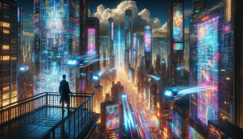 A bustling anime-style futuristic city with neon-lit skyscrapers, holographic billboards, and hovercars zipping through the air. A lone protagonist gazes out from a high-tech balcony.