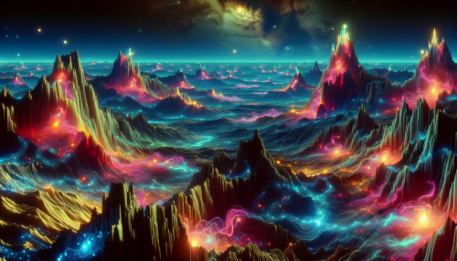 In a vibrant nocturnal landscape, ethereal light trails weave through the jagged terrain of alien mines. Each mine glows with bioluminescent energy, casting surreal reflections on crystalline surfaces. Wisps of color swirl and dance around imposing structures, while distant stars twinkle overhead, creating a mesmerizing interplay of light and darkness that transports viewers to an otherworldly realm.