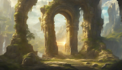 A mysterious portal hovering above an ancient ruin, swirling with golden energy. Fragments of different eras—castles, futuristic cities, and prehistoric jungles—are visible through the rift.